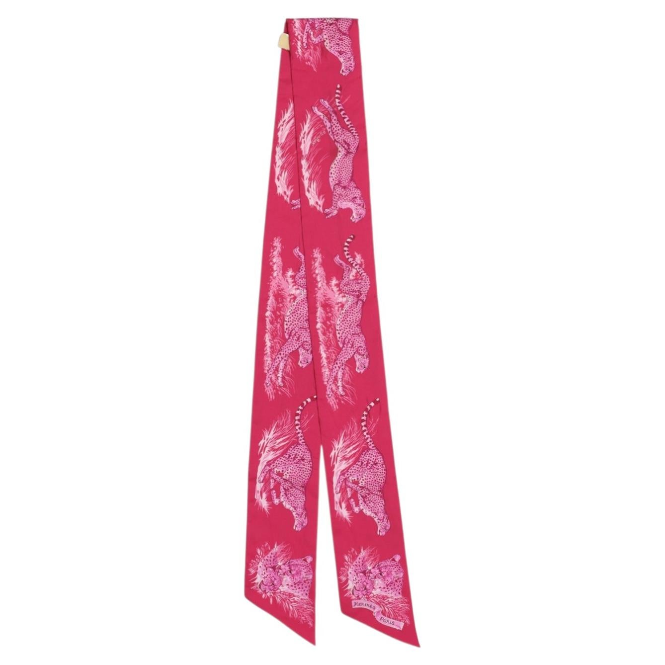 Hermès Fuschia, Rose Vif & Prune Seda Leopardo Maxi Twilly Maxi Slim Guepards en venta