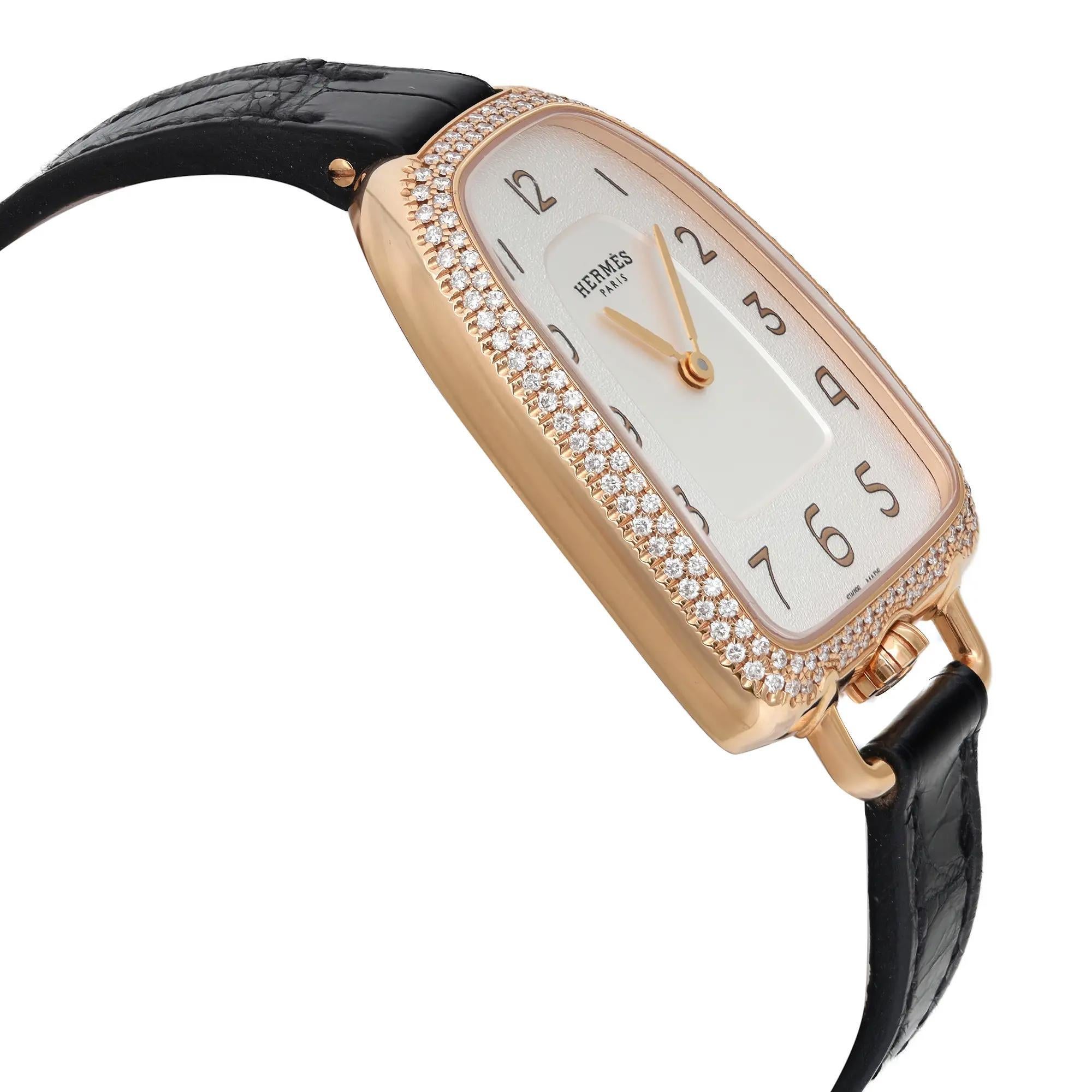 Round Cut Hermes Galop 35mm 18K Rose Gold Diamond White Dial Ladies Watch GA1.271