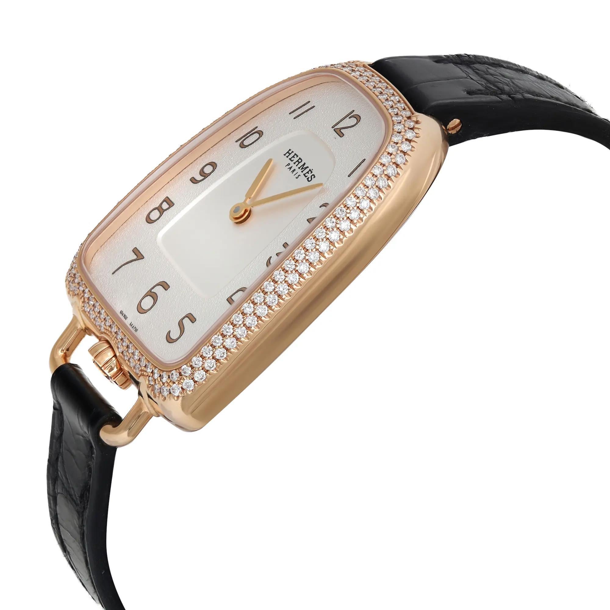 Hermes Galop 35mm 18K Rose Gold Diamond White Dial Ladies Watch GA1.271 In Excellent Condition In New York, NY