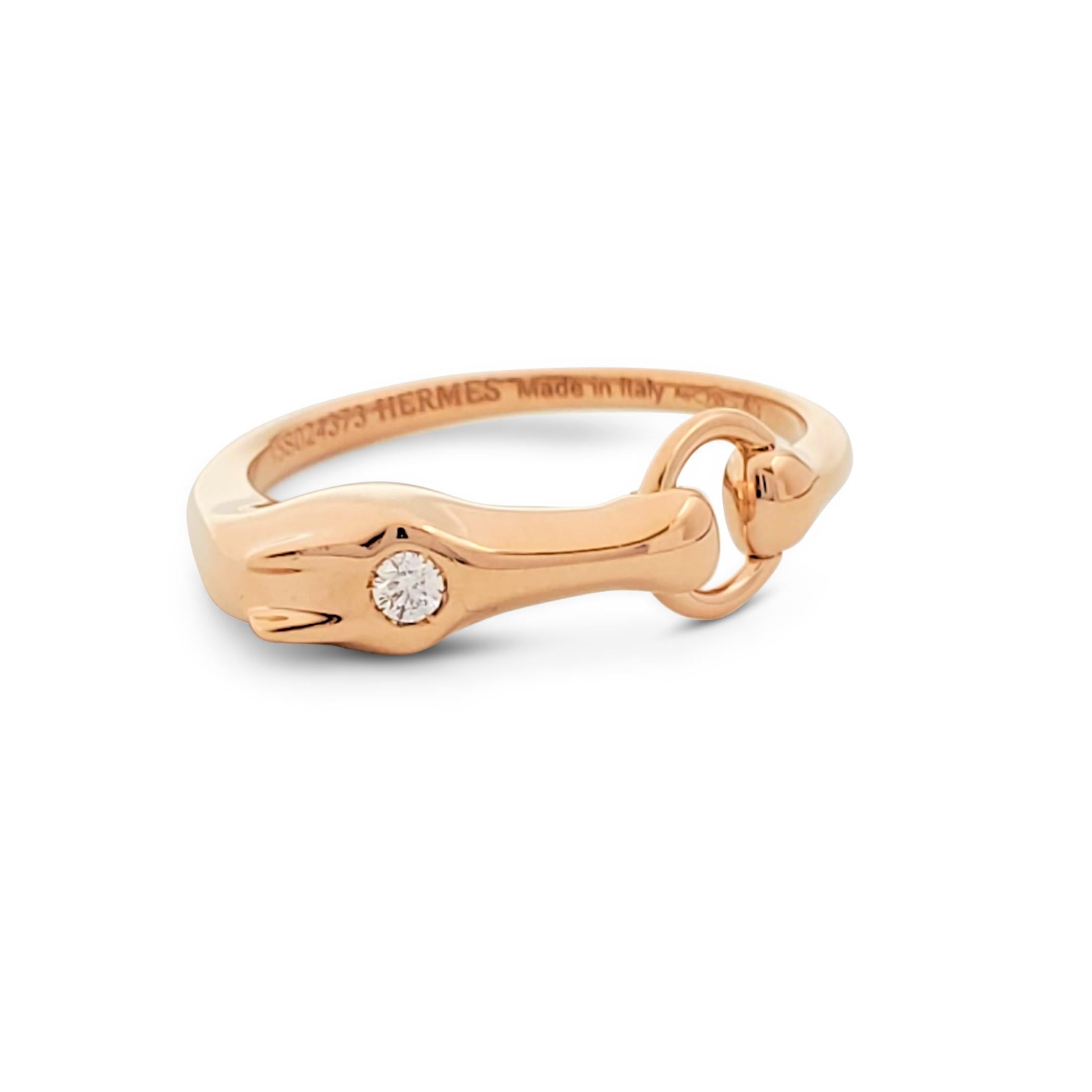 Authentic Hermes 'Galop' ring crafted in 18 karat rose gold and set with one round brilliant cut diamond. TPM (Very small model). Signed Hermes, Made in Italy, Au750, 49, with serial number. The ring is not presented with the original box or papers.