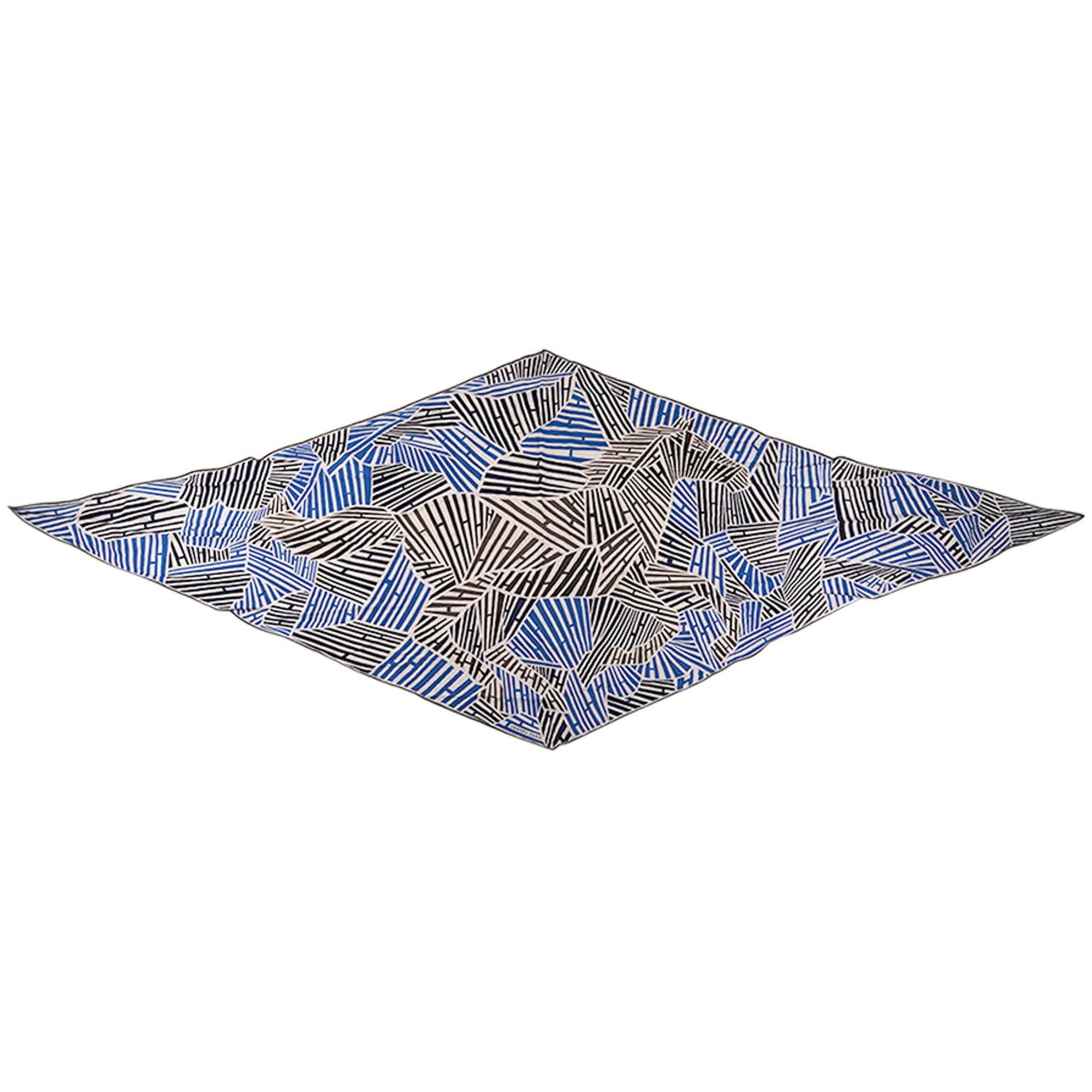 Gray Hermes Galop'H Losange Triangle Scarf Naturel Blue Etoupe Cashmere and Silk For Sale