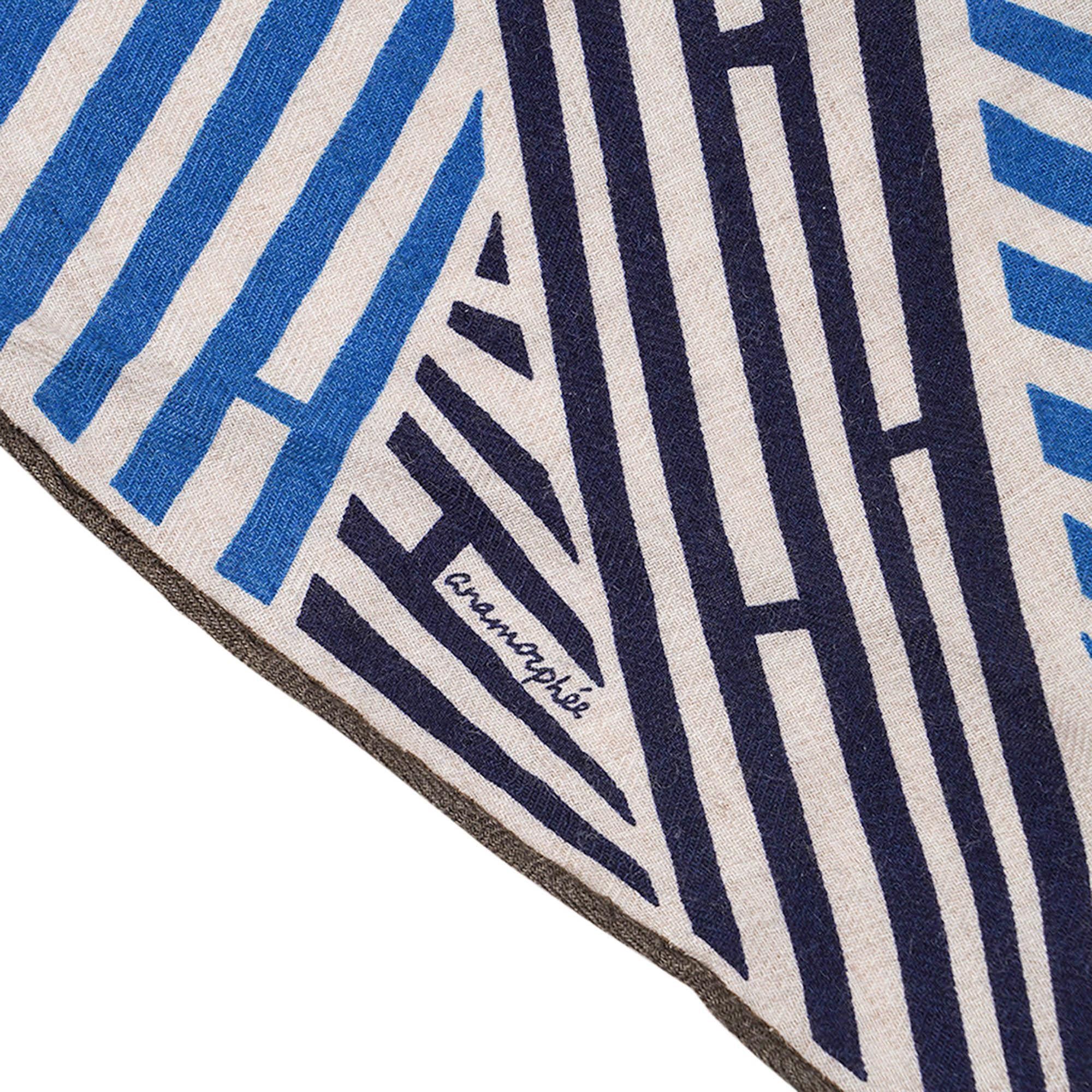 Hermes Galop'H Losange Triangle Scarf Naturel Blue Etoupe Cashmere and Silk For Sale 4