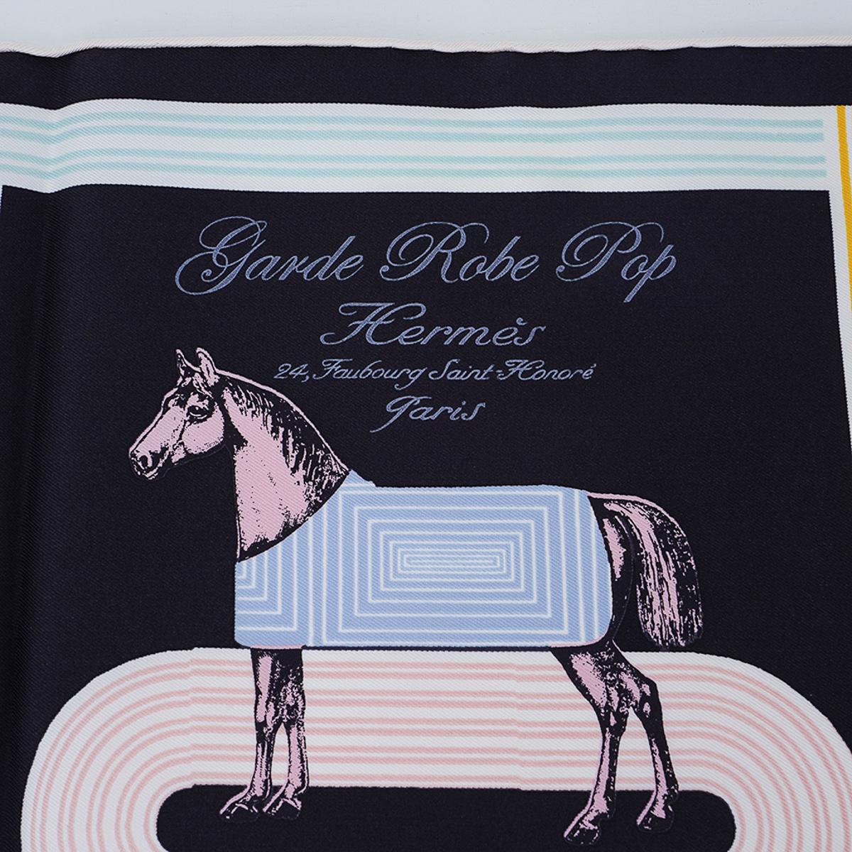 Mightychic offers an Hermes Garde Robe Pop scarf featured in Noir and Rose colorway.
Designed by Gianpaolo Pagni, this pocket square depicts a modern take on horse blankets.
This beautiful scarf can accent your wardrobe and bags in a myriad