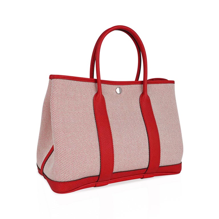 AUTH HERMES GARDEN PARTY 30 ECRU ROUGE CANVAS RED LEATHER SHOULER BAG TOTE  NEW