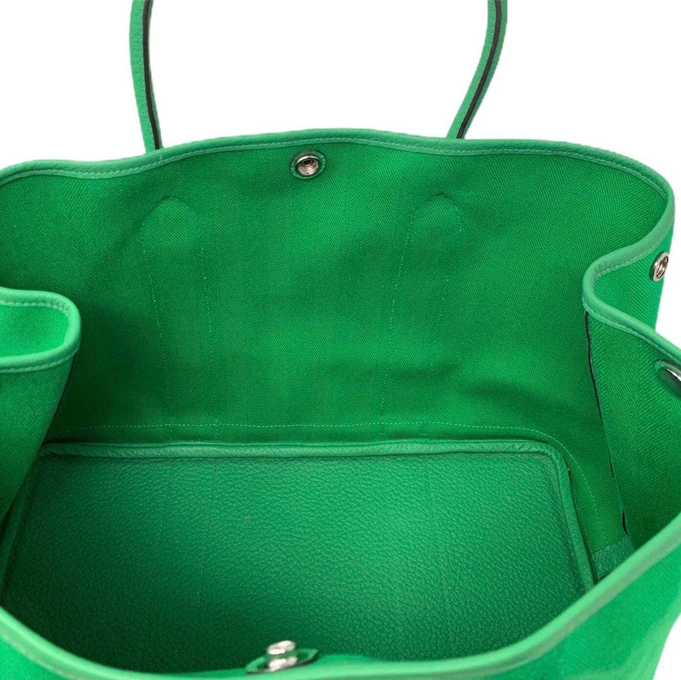 Hermes Garden Party 35 bag in fabric and leather Green Bamboo 2014 For Sale 2