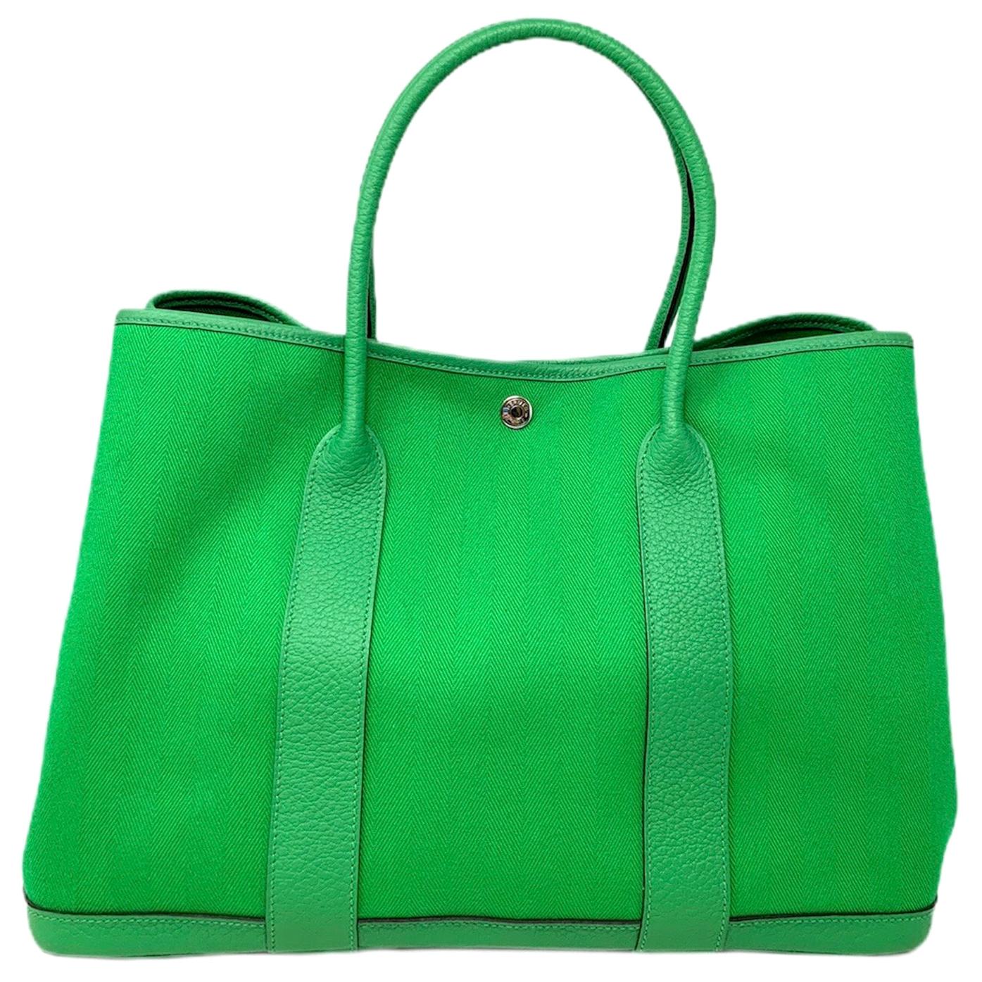 Hermes Garden Party 35 bag in fabric and leather Green Bamboo 2014 For Sale
