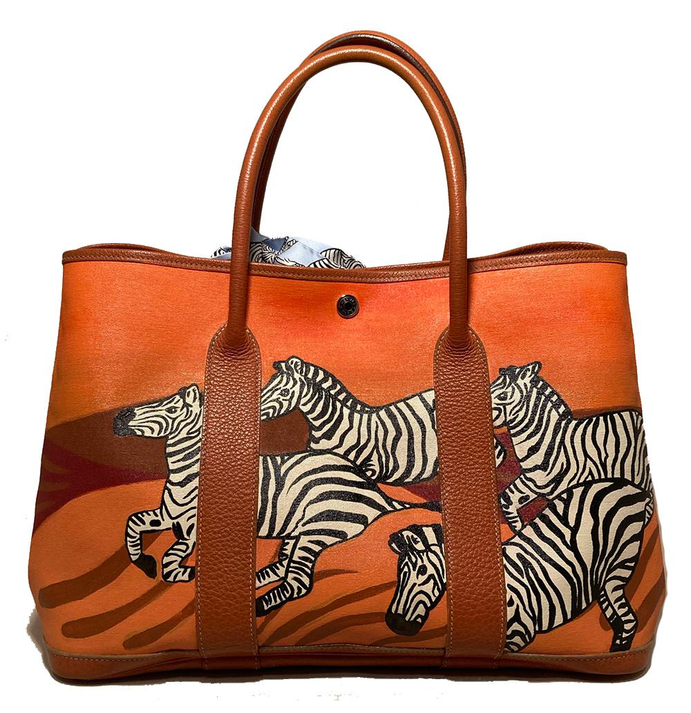 Hermes Garden Party 35 Hand Painted Zebra Print Tote In Excellent Condition In Philadelphia, PA