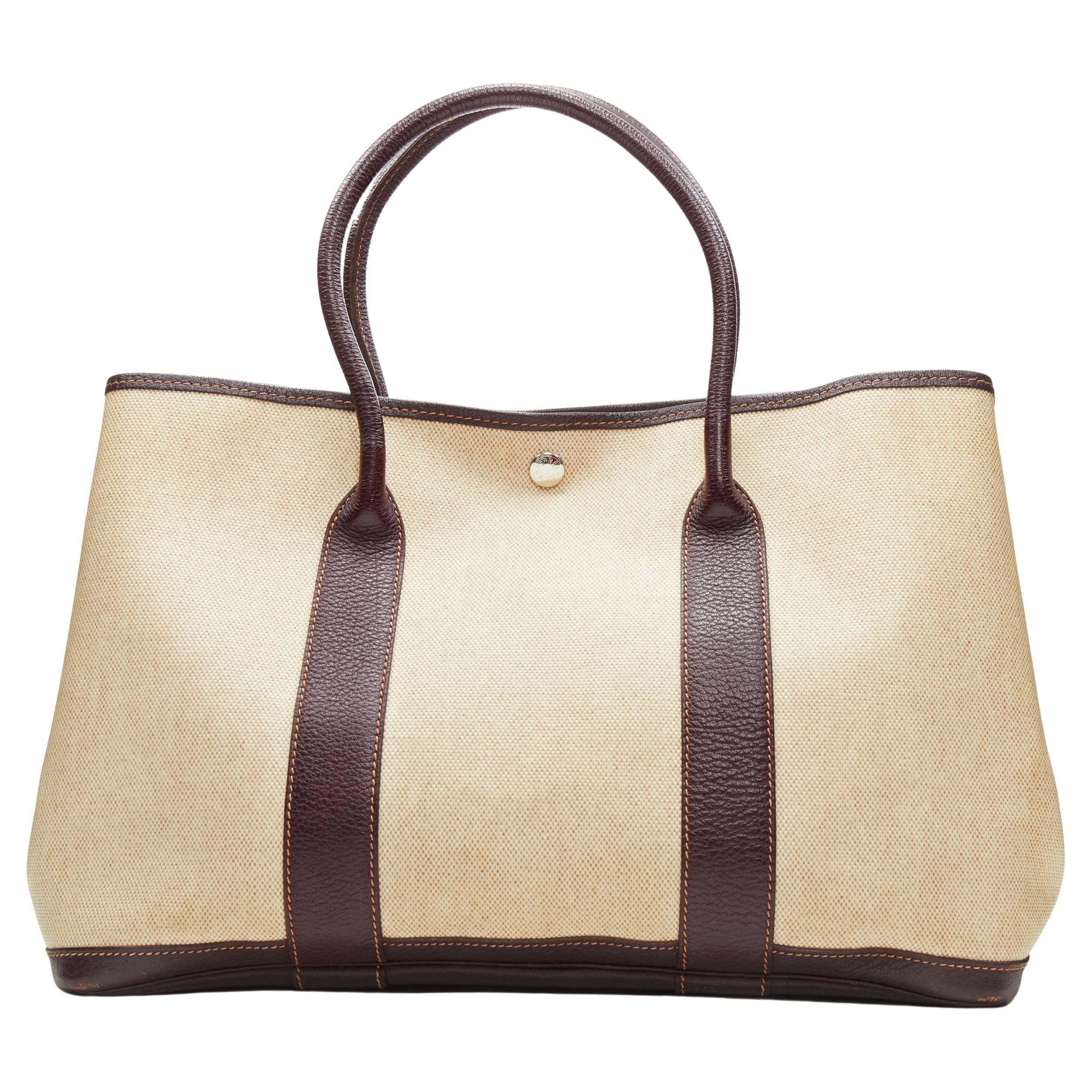 HERMES Garden Party 36 beige coated canvas chocolate brown leather trim tote bag