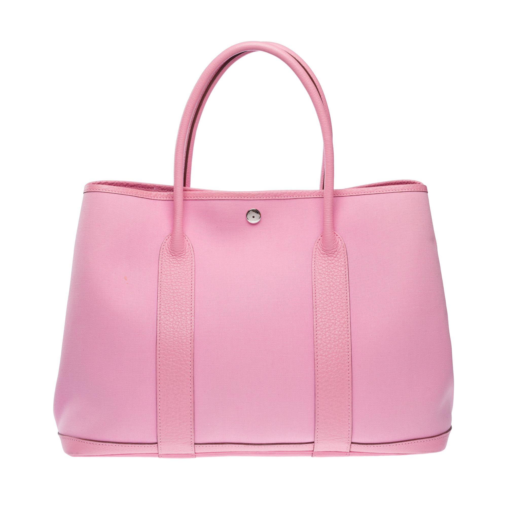 Hermès Garden Party 36 Tote bag in Pink canvas and Taurillon leather, PHW In Good Condition For Sale In Paris, IDF