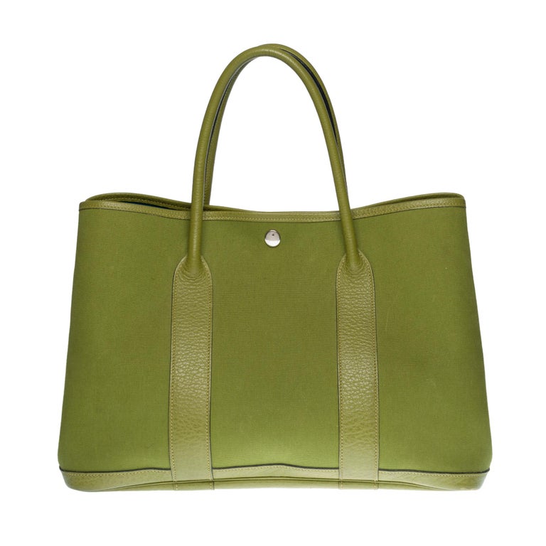 HERMES Garden Party 36 Tote in Khaki canvas and leather, blue colvert ...