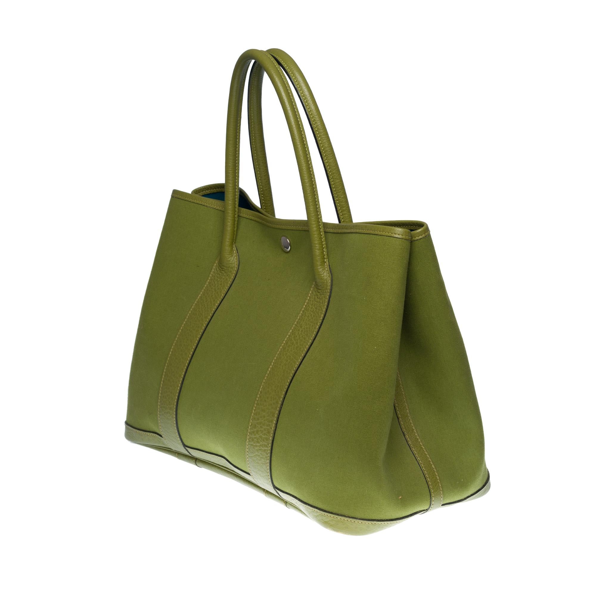 Beige HERMES Garden Party 36 Tote in Khaki canvas and leather, blue colvert interior