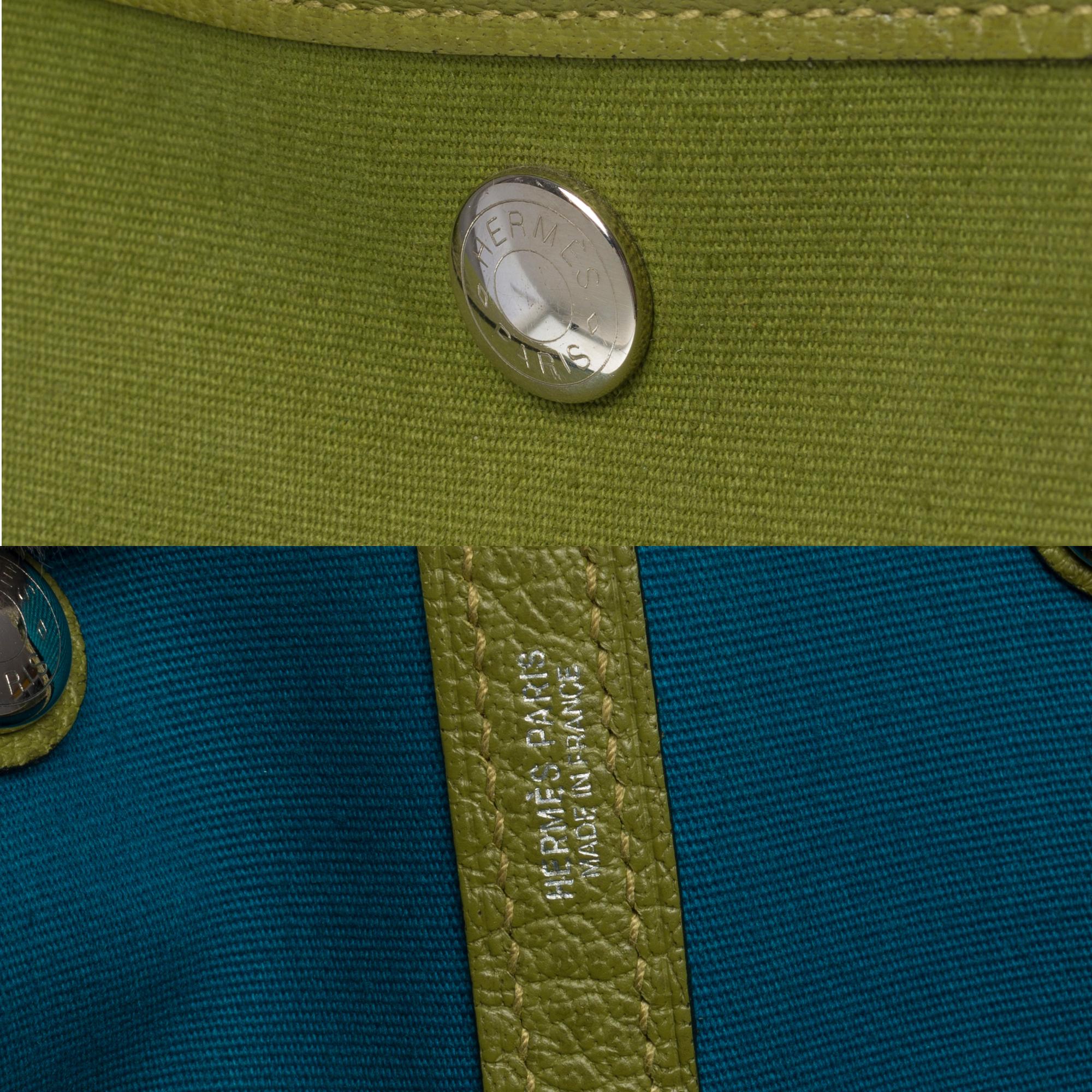 HERMES Garden Party 36 Tote in Khaki canvas and leather, blue colvert interior In Good Condition In Paris, IDF