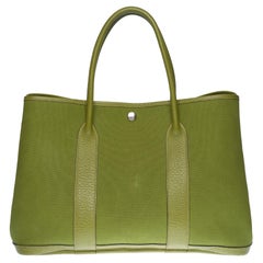 HERMES Garden Party 36 Tote en toile et cuir kaki:: intérieur colvert bleu