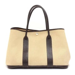 Hermes Garden Party PM Brown Leather Beige Canvas Hand Bag