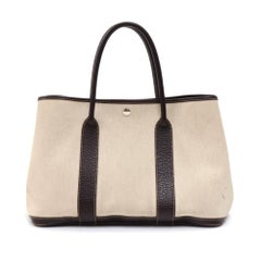 Hermes Garden Party PM Chocolate Brown Leather Beige Canvas Hand Bag