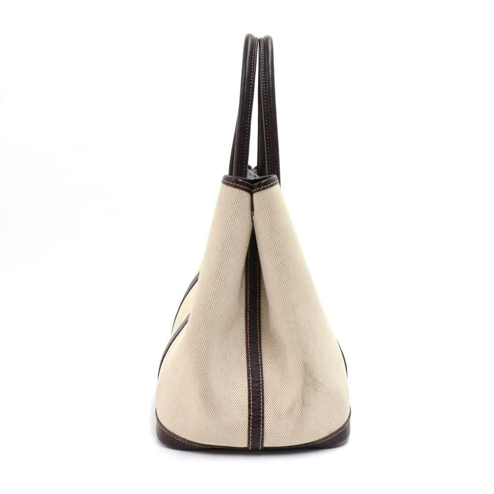 Hermes Garden Party PM Chocolate Brown Leather Beige Canvas Hand Bag In Good Condition For Sale In Fukuoka, Kyushu