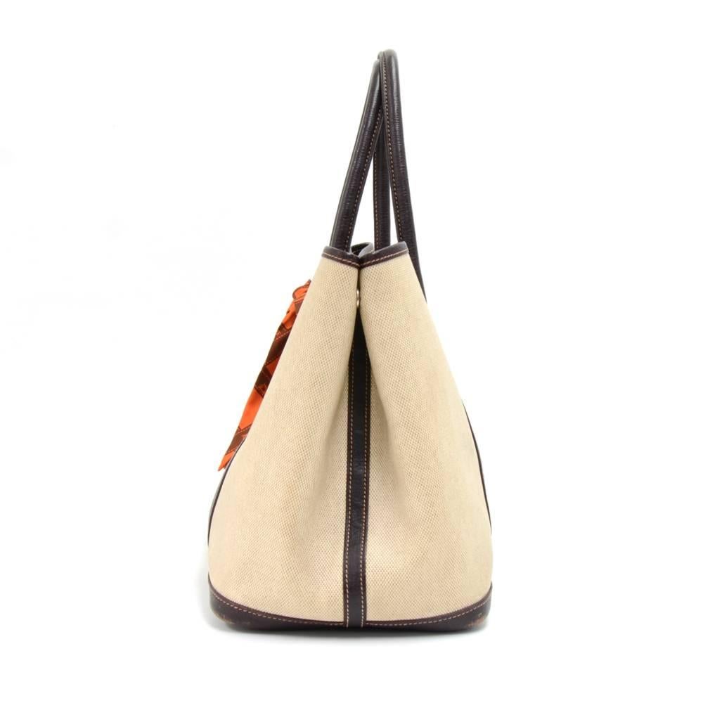 Hermes Garden Party PM Chocolate Brown Leather Beige Canvas Hand Bag  In Good Condition In Fukuoka, Kyushu