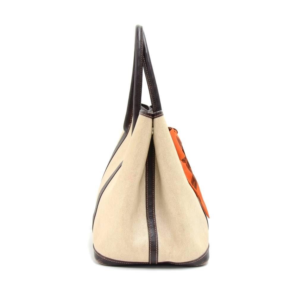 Women's Hermes Garden Party PM Chocolate Brown Leather Beige Canvas Hand Bag 