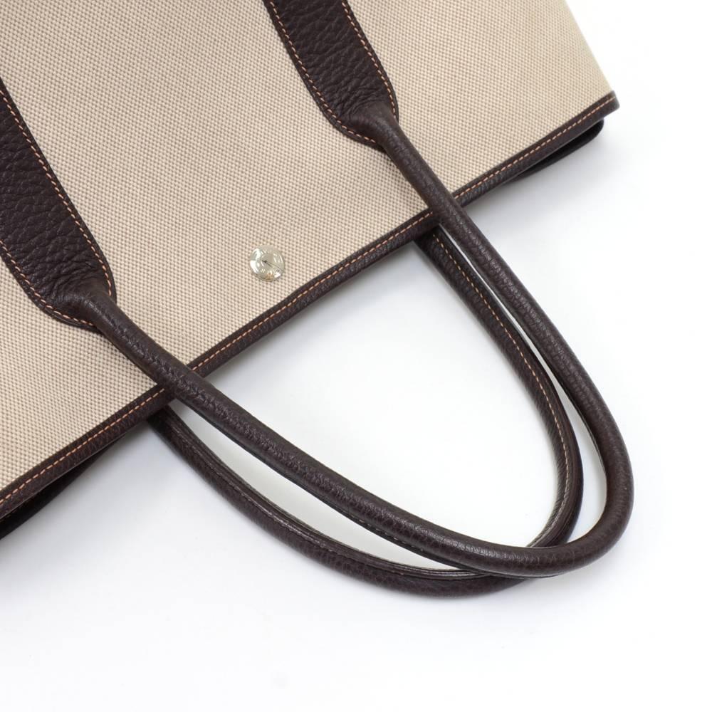 Hermes Garden Party PM Chocolate Brown Leather Beige Canvas Hand Bag For Sale 2