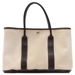 Hermes Garden Party PM Chocolate Brown Leather Beige Canvas Hand Bag