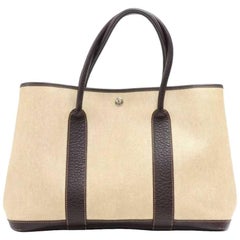 Hermes Garden Party PM Chocolate Brown Leather Beige Canvas Hand Bag Hermes Garden Party PM Chocolate Brown Leather Beige Canvas Hand Bag
