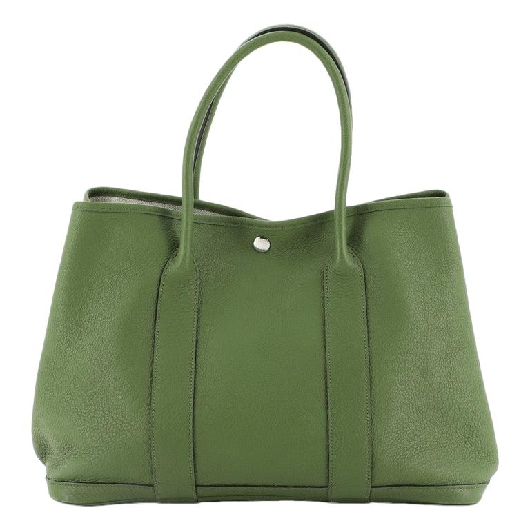 Hermes Garden Party Green Leather Toile Canvas Tote Shopper Bag