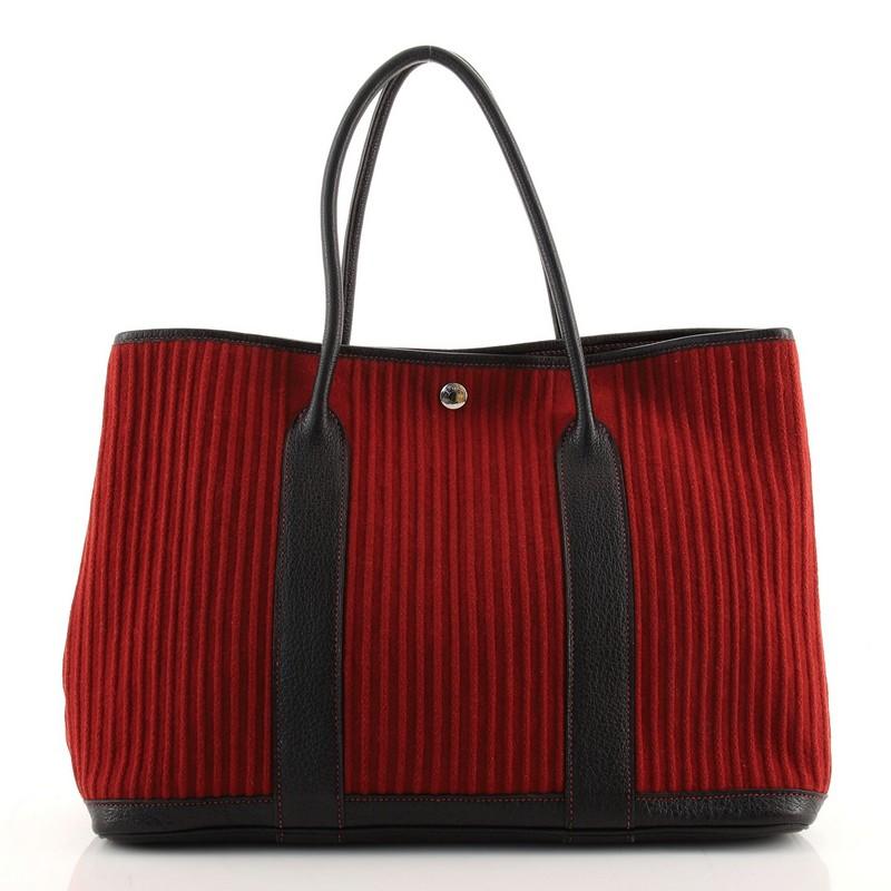Red Hermes Garden Party Tote Ribbed Canvas and Leather 36