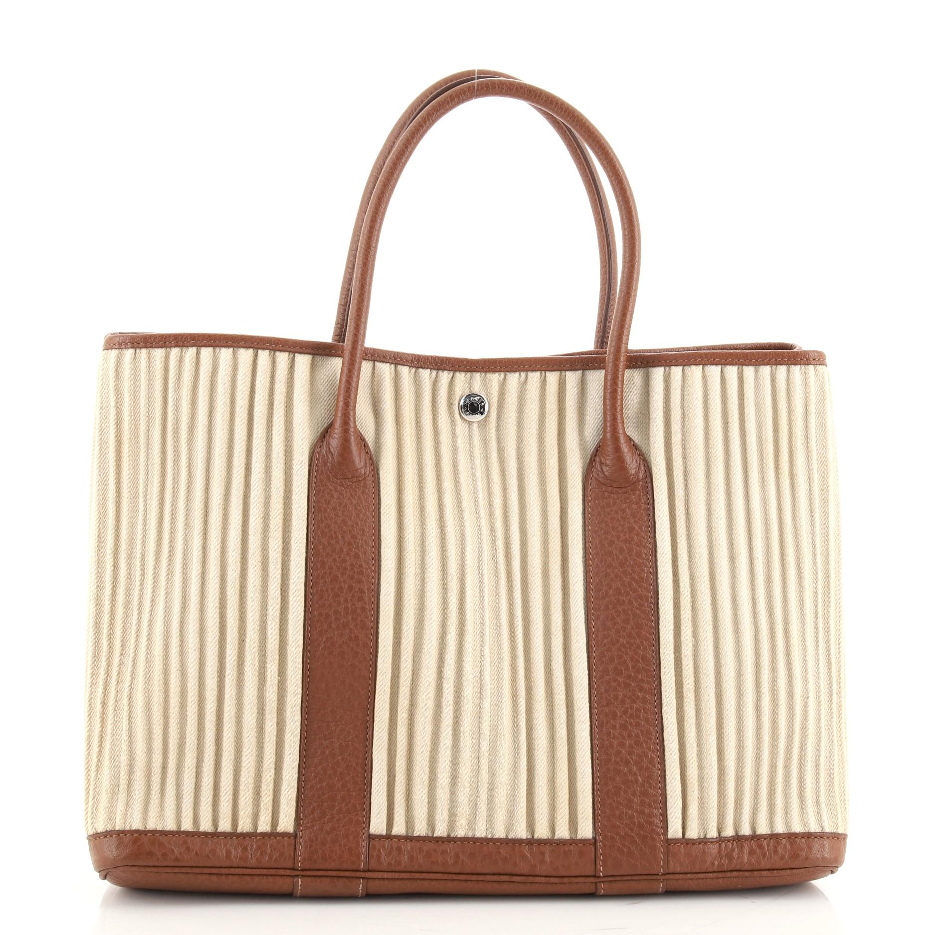 Beige Hermes Garden Party Tote Ribbed Canvas and Leather 36