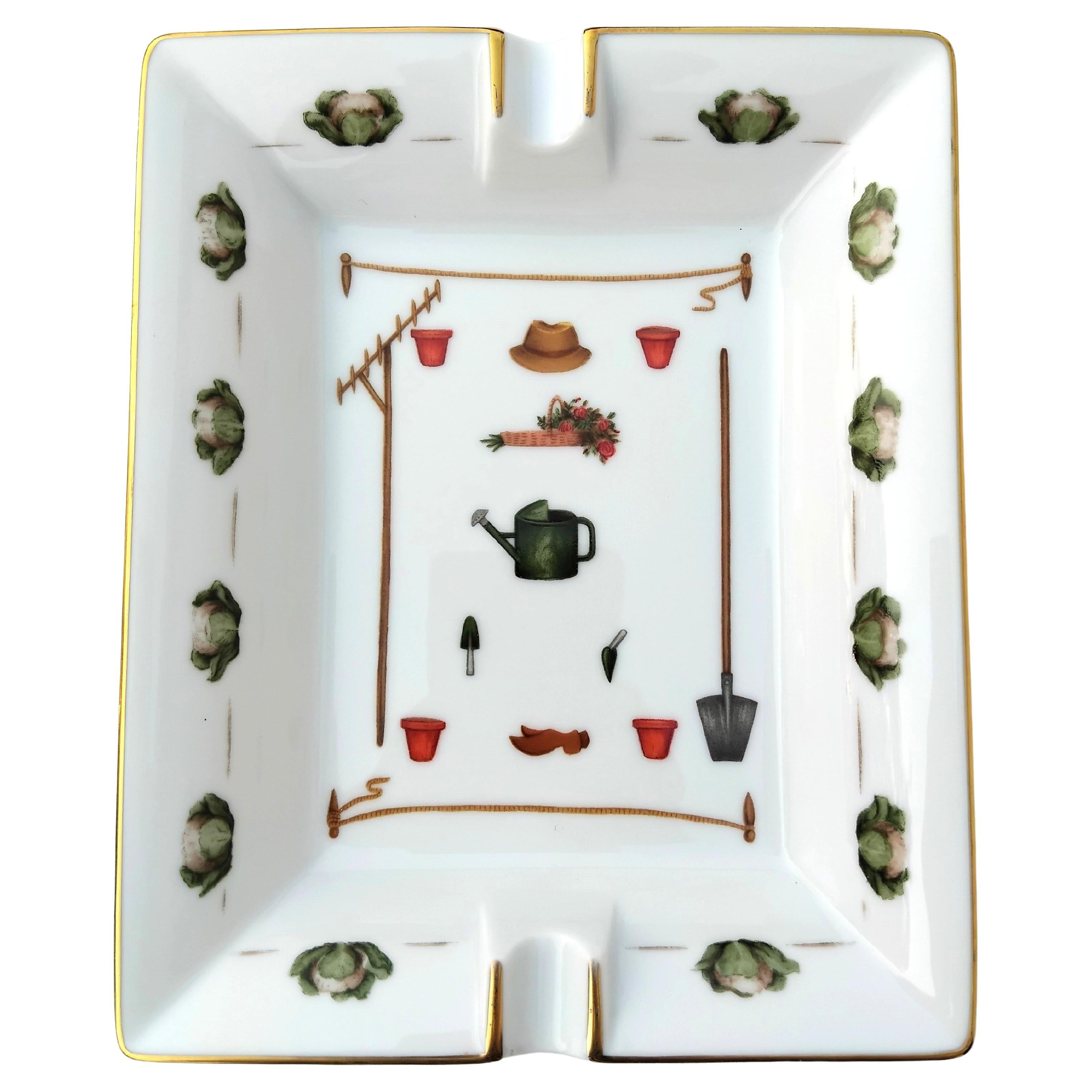 Hermès Gardener Cigar Ashtray Change Tray Porcelain Gold Vegetable Garden For Sale