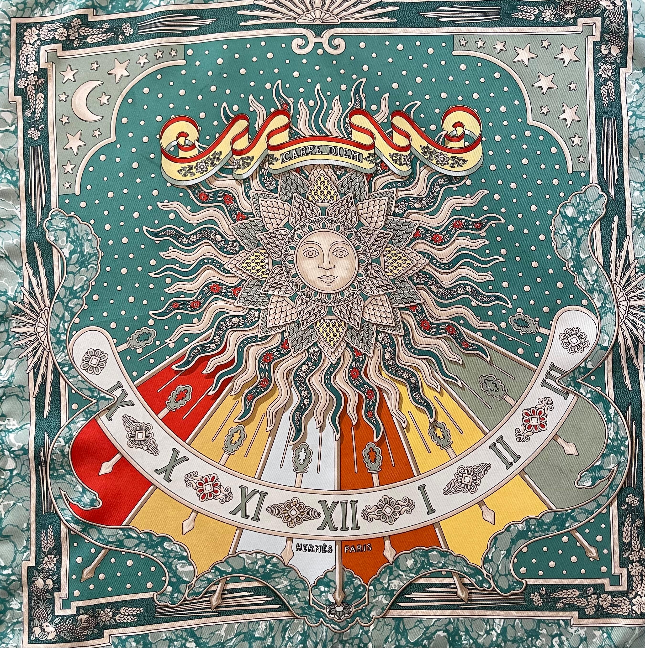 Le foulard Hermès Carpe Diem Gavroche, dessiné par Joachim Metz, est sorti en 1994.  L'écharpe représente un soleil radieux, couronné de rayons multicolores, symbolisant la célébration des corps célestes et l'ancien calendrier romain. L'expression