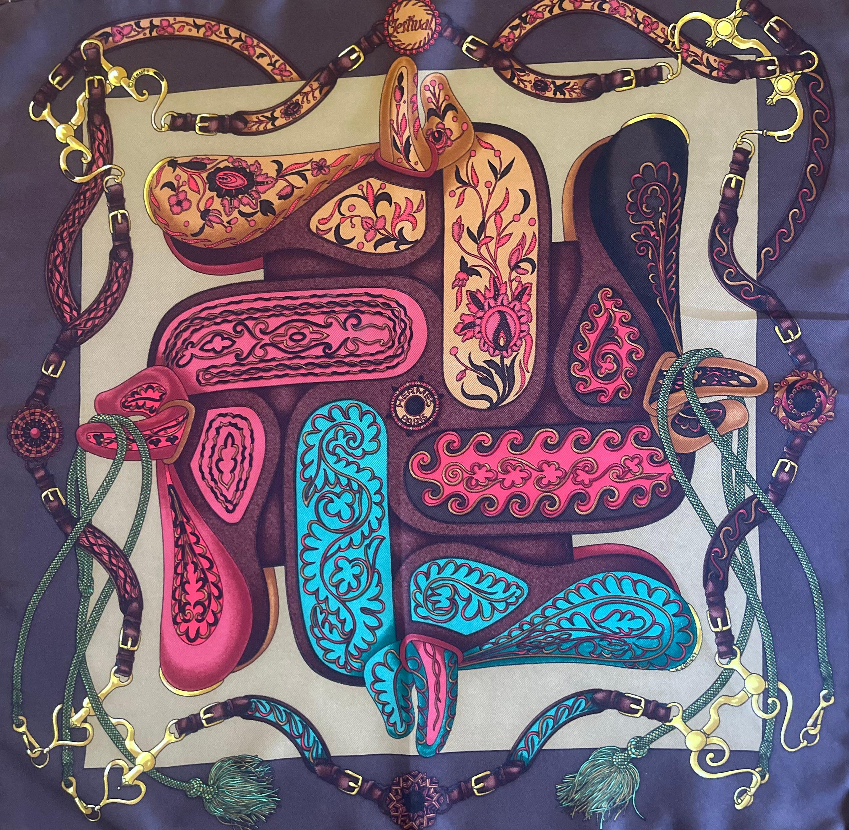 The Hermès scarf Festival, designed by Henri d'Origny in 1992, is a distinguished piece that celebrates the elegance of equestrian traditions. With no reissue this scarf is rare and a collector's item. In good condition, this scarf can be worn