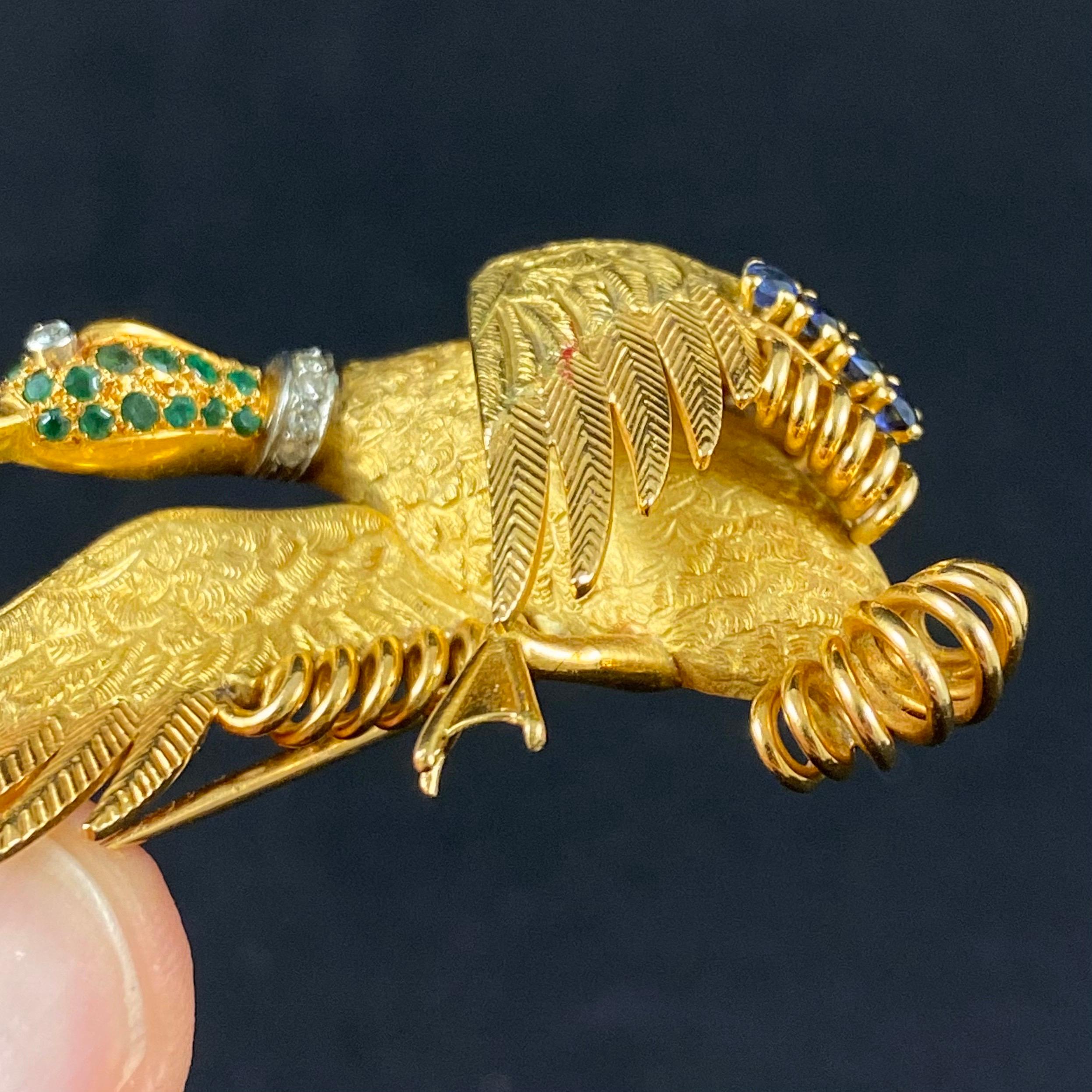 Hermès Georges Lenfant Vintage Duck Emerald Sapphire Diamond Brooch Yellow Gold 7