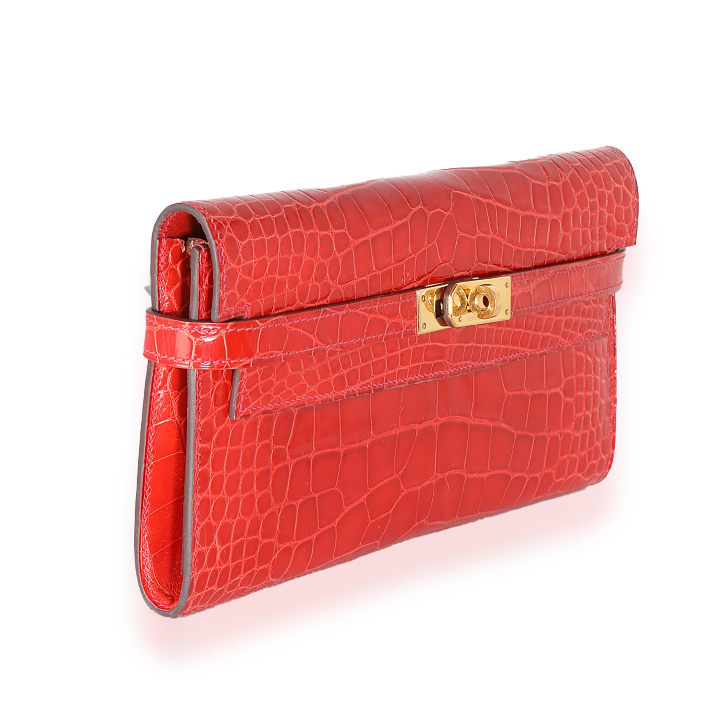Red Hermès Geranium Alligator Mississippiensis Kelly Wallet GHW For Sale