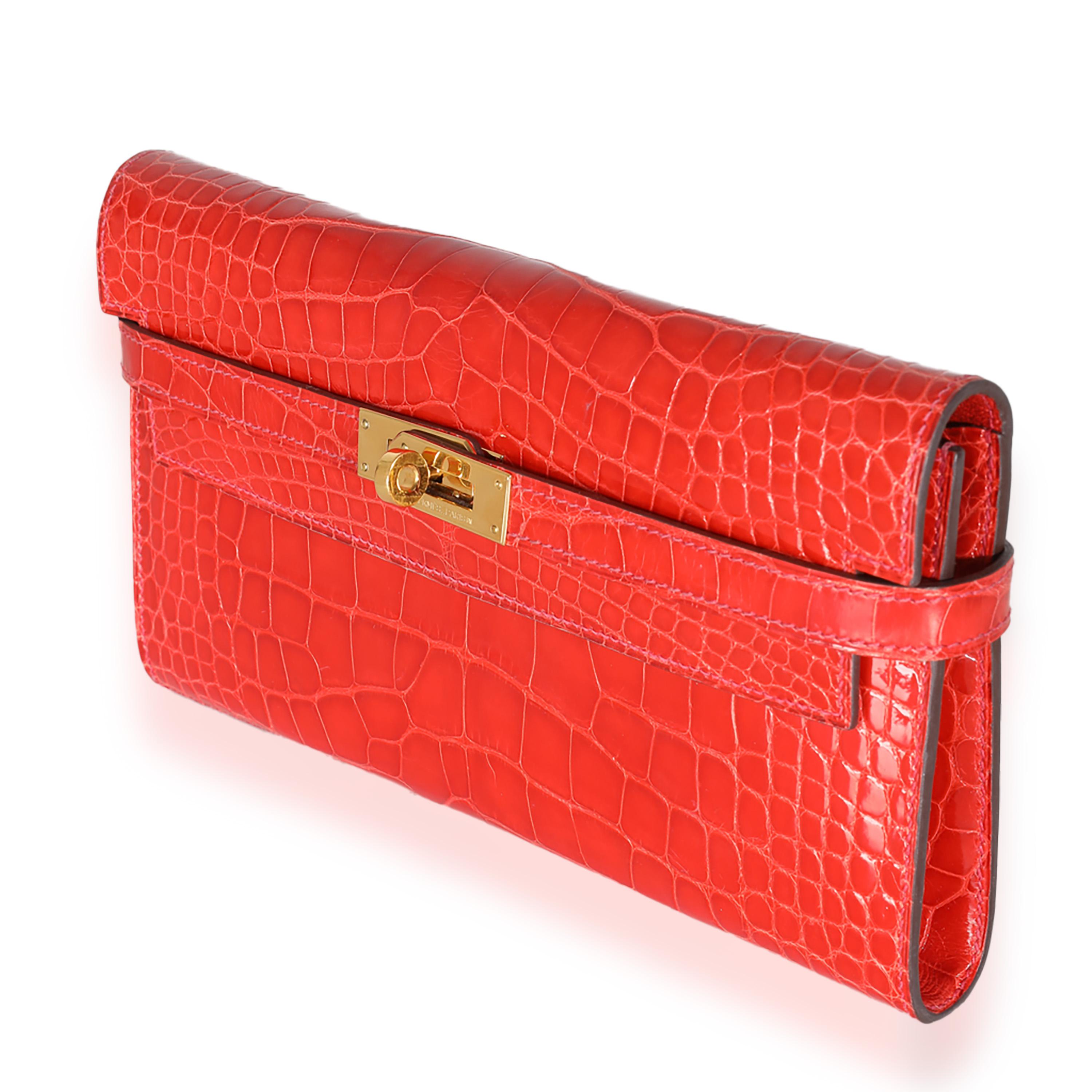 Hermès Geranium Alligator Mississippiensis Kelly Wallet GHW In Excellent Condition For Sale In New York, NY