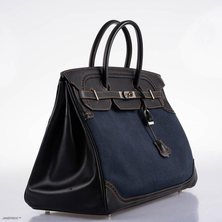 Hermes Ghillies Birkin 40 Indigo Denim and Black Evercalf Bag For Sale at 1stDibs