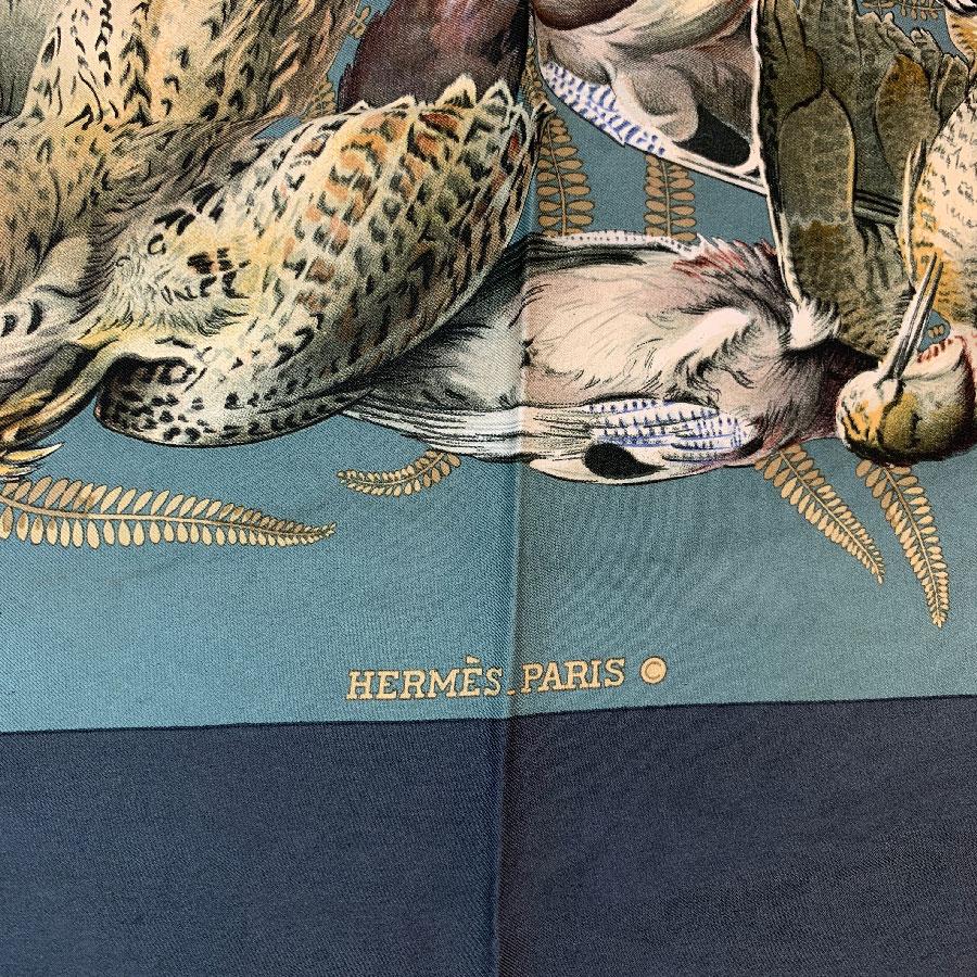 Black HERMES 'Gibier' Vintage Scarf in Green and Gray Silk