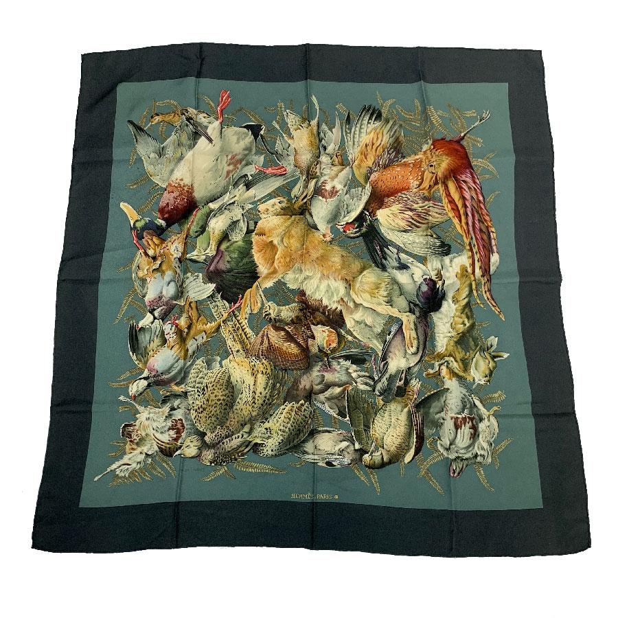 HERMES 'Gibier' Vintage Scarf in Green and Gray Silk