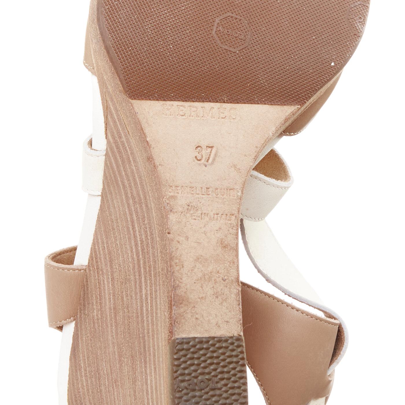 HERMES Giorno cream brown leather wood wedge gladiator sandals EU37 im Angebot 5