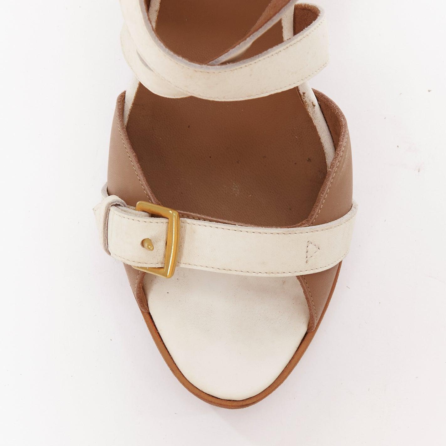HERMES Giorno cream brown leather wood wedge gladiator sandals EU37 im Angebot 1