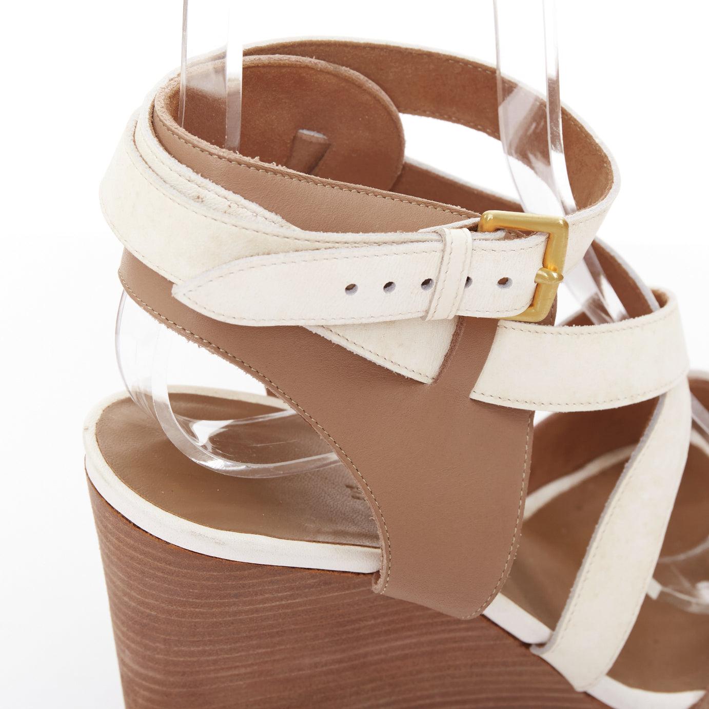 HERMES Giorno cream brown leather wood wedge gladiator sandals EU37 im Angebot 3