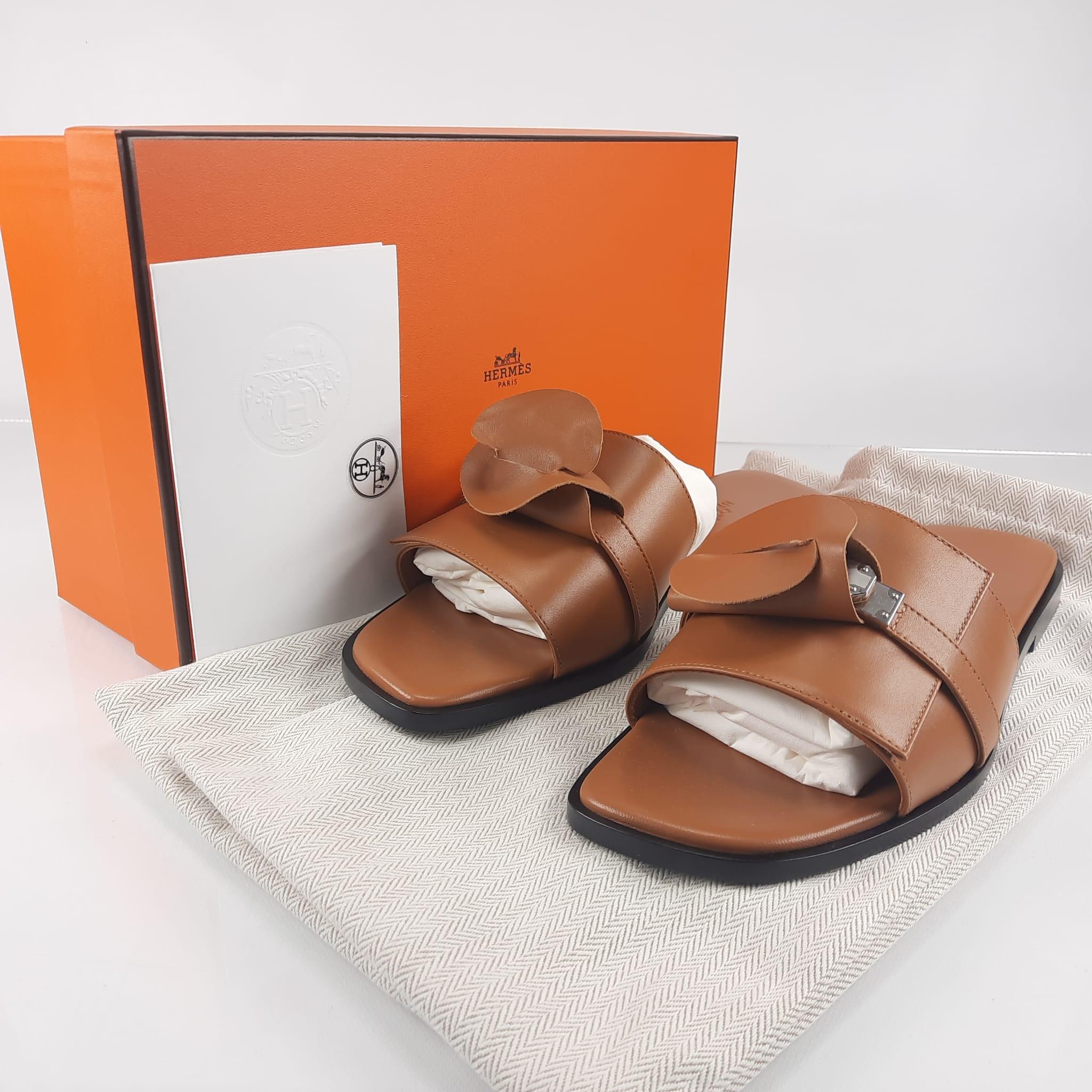Hermes Giulia sandal Naturel Calfskin Leather Size 38 EU 2