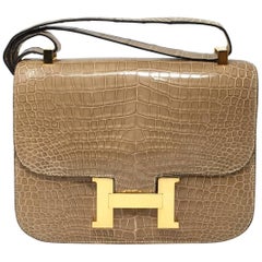 Hermes Glossy Crocodile Porosus Naturelle Sable and Gold Constance Bag, 1977