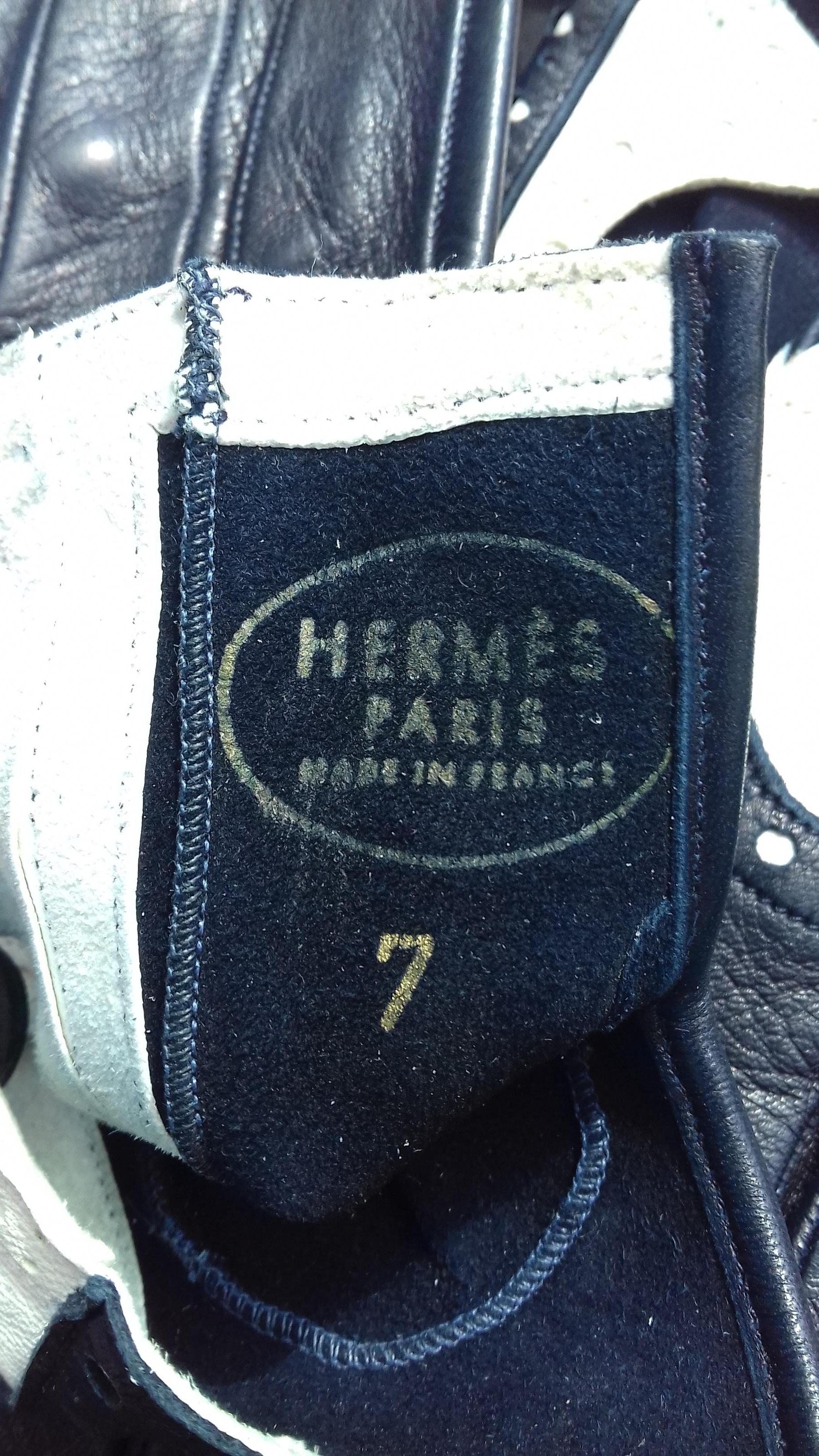 Hermès Gloves Dark Blue and White Leather Gloves Ghillies Size 6/7 2