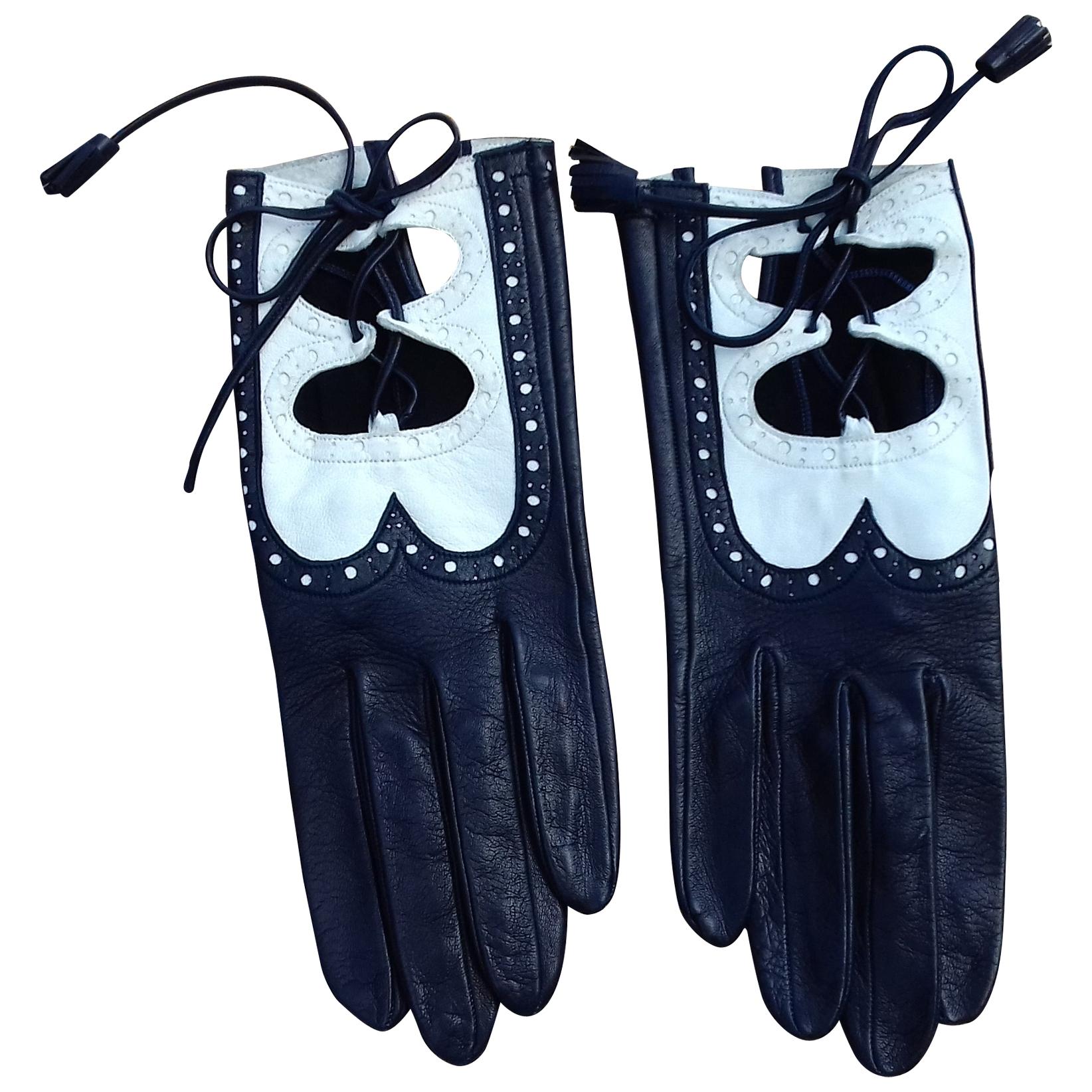 Hermès Gloves Dark Blue and White Leather Gloves Ghillies Size 6/7