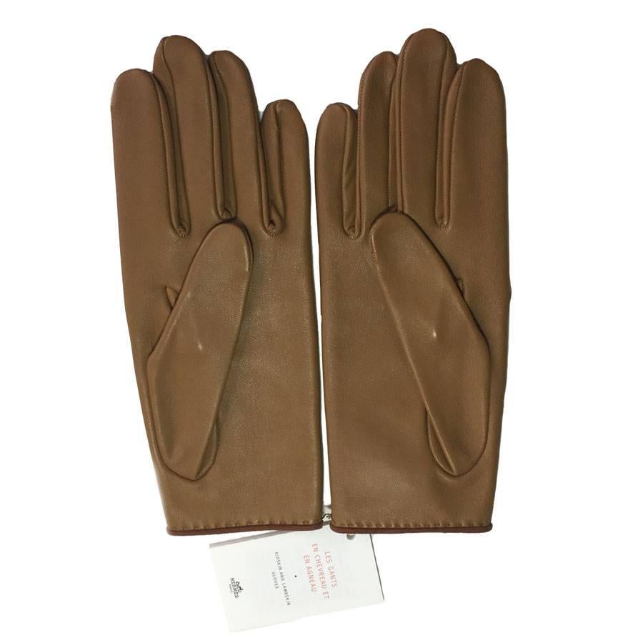 HERMES Handschuhe aus glänzendem Kraft- und cognacfarbenem Lammleder Größe 7 im Zustand „Hervorragend“ im Angebot in Paris, FR
