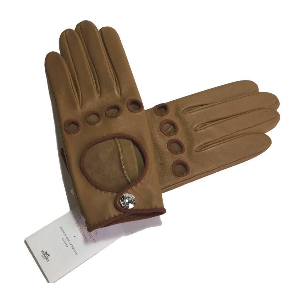 HERMES Handschuhe aus glänzendem Kraft- und cognacfarbenem Lammleder Größe 7 im Angebot 1