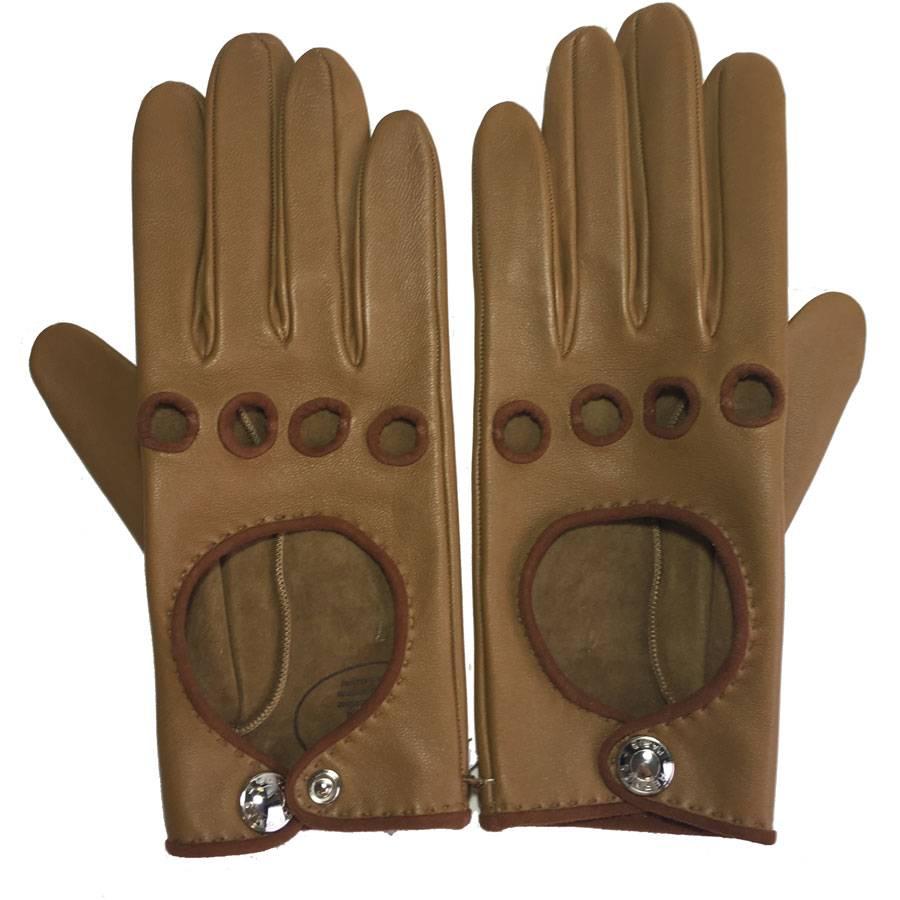 HERMES Handschuhe aus glänzendem Kraft- und cognacfarbenem Lammleder Größe 7
