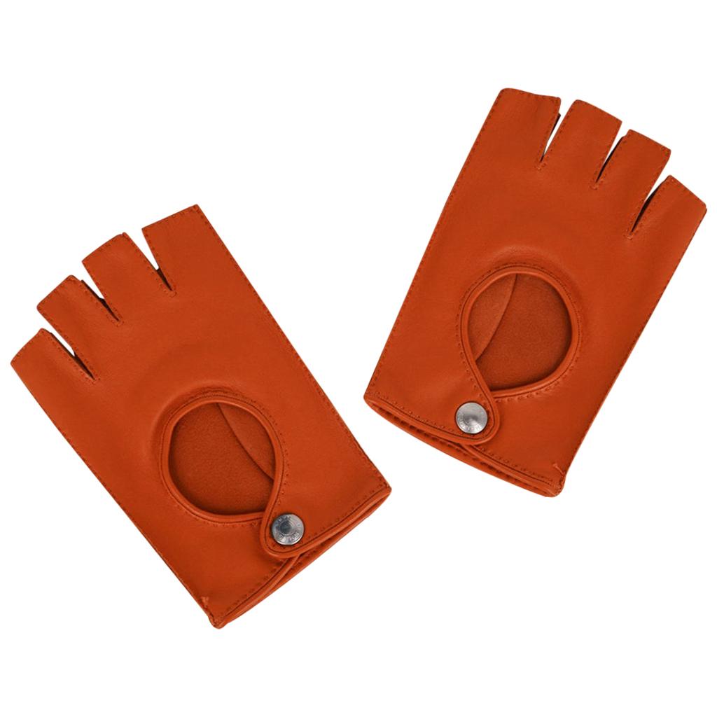 Hermes Gloves Orange Clou De Selle Driving Kidskin Lambskin Leather 7