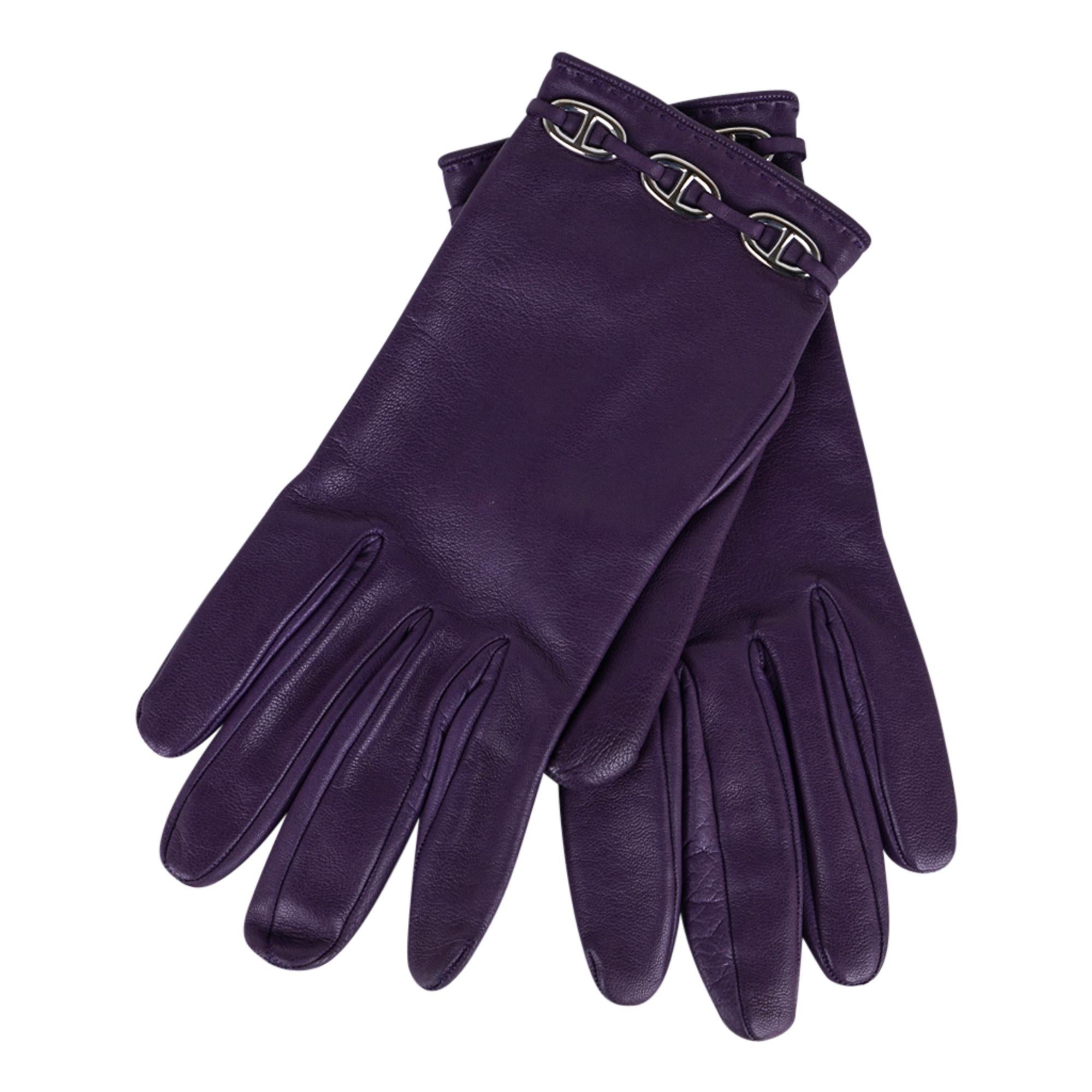 Hermes Gloves Vintage Wrist Length Raisin Chaine D'Ancre Palladium Hardware 7 For Sale 2