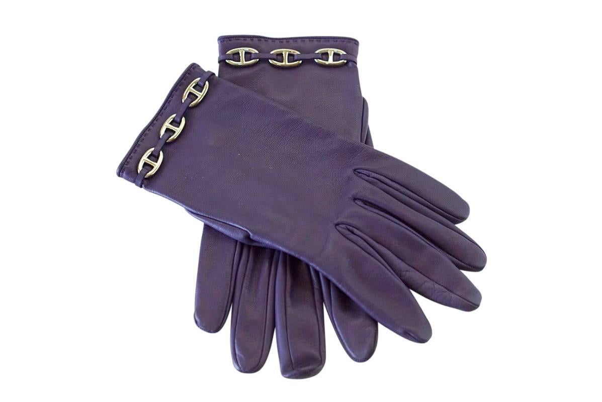 Hermes Gloves Vintage Wrist Length Raisin Chaine D'Ancre Palladium Hardware 7 For Sale 3